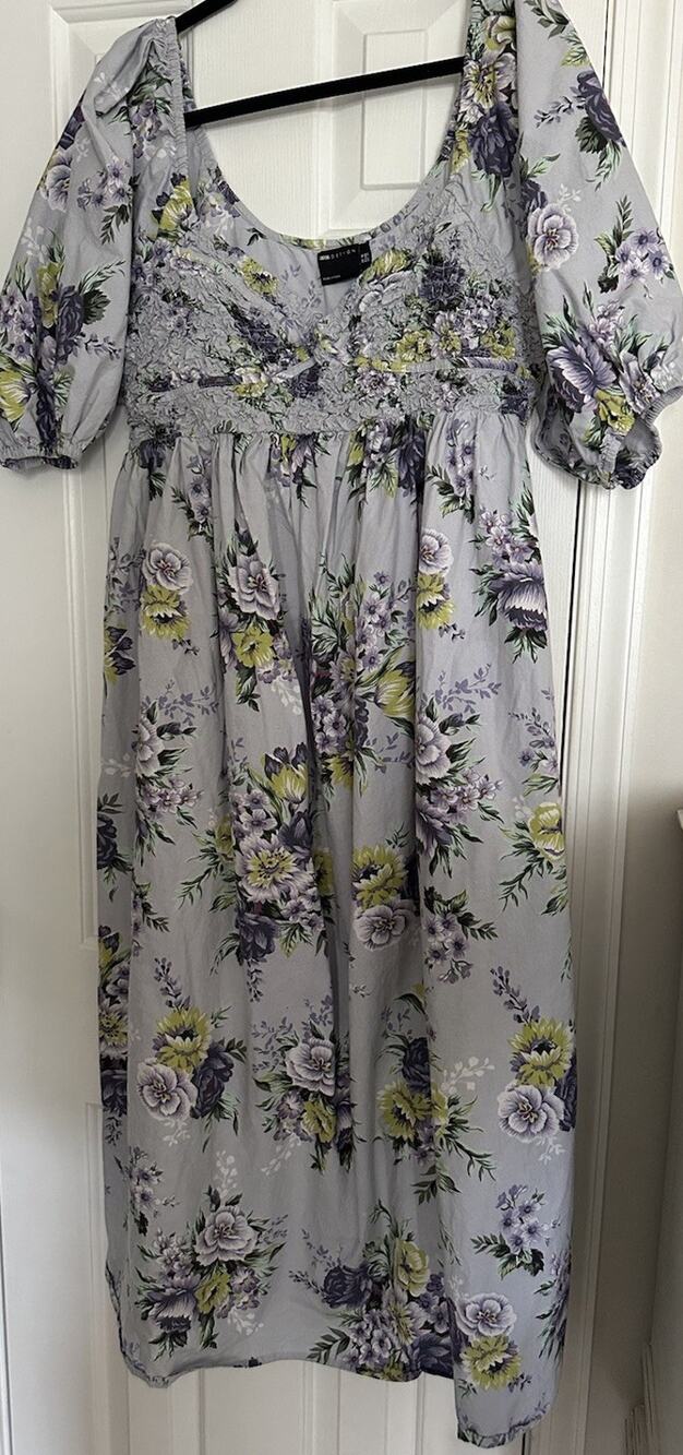 ASOS Cotton Shirred Corset Midi Dress In Purple Floral Print Puff Sleeve 12
